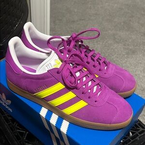 adidas Gazelle Purple Suede Sneakers with Yellow Stripes